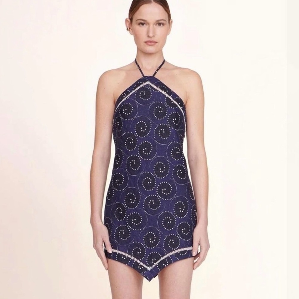Staud Megan Dress - Navy Linen Halter Dress with Spiral Pattern